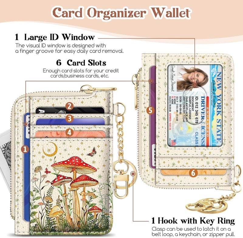 GIANCOMICS Slim Wallet Credit Card Holder Women, White Rfid Blocking Small Card Case, Keychain Thin Pocket Curved Zipper Wallet, Mushroom Travel Card Holder PU Leather ID Window, Ladies Female Gifts - Image 4